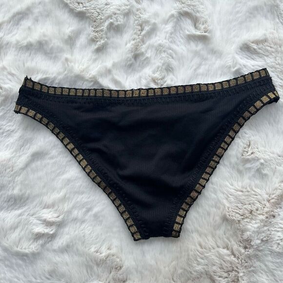 NWT Platinum By Solange Ferrarini Crochet Trim Swim Bikini Bottom Black Gold S - Picture 4 of 10